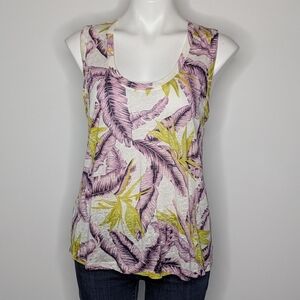 Loft Purple White Yellow Tropical Leaf Scoop Neck Linen Tank S
